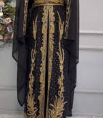 Black Embroidered Stitched Moroccan Kaftan with Heavy Golden Zari Work & Matching Sheer Cape