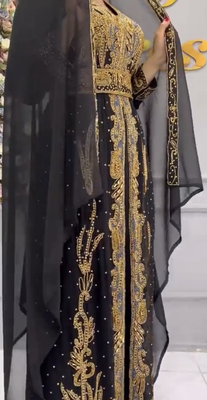Black Embroidered Stitched Moroccan Kaftan with Heavy Golden Zari Work & Matching Sheer Cape 2
