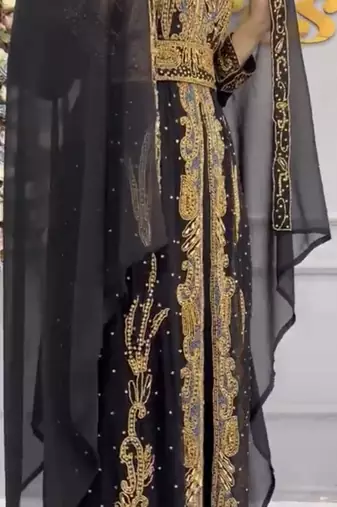 Black Embroidered Stitched Moroccan Kaftan with Heavy Golden Zari Work & Matching Sheer Cape