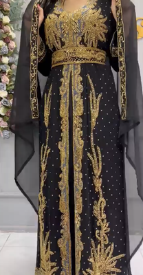 Black Embroidered Stitched Moroccan Kaftan with Heavy Golden Zari Work & Matching Sheer Cape 3