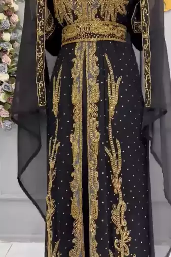 Black Embroidered Stitched Moroccan Kaftan with Heavy Golden Zari Work & Matching Sheer Cape