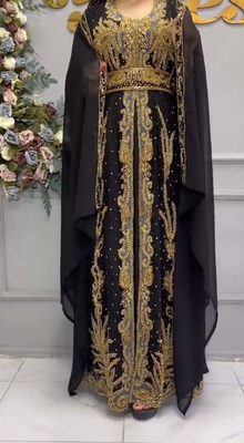 Black Embroidered Stitched Moroccan Kaftan with Heavy Golden Zari Work & Matching Sheer Cape 4