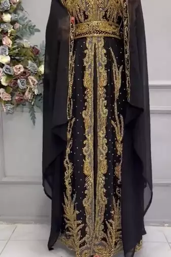 Black Embroidered Stitched Moroccan Kaftan with Heavy Golden Zari Work & Matching Sheer Cape