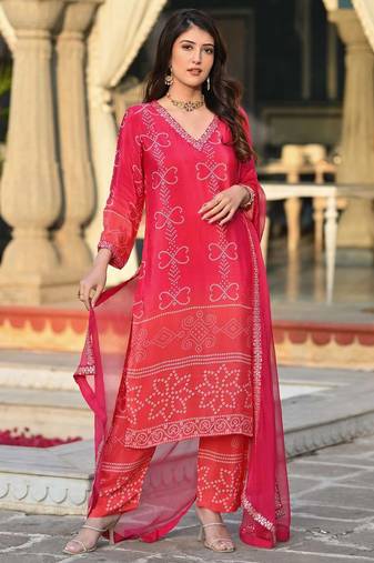 Women bandhani printed regular kurta with trousers & with dupatta