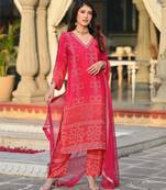 Women bandhani printed regular kurta with trousers & with dupatta