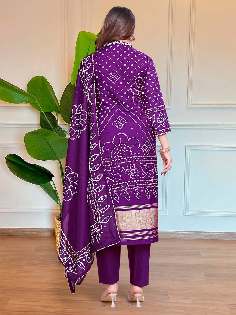 Women bandhani printed regular thread work kurta with trousers & with dupatta