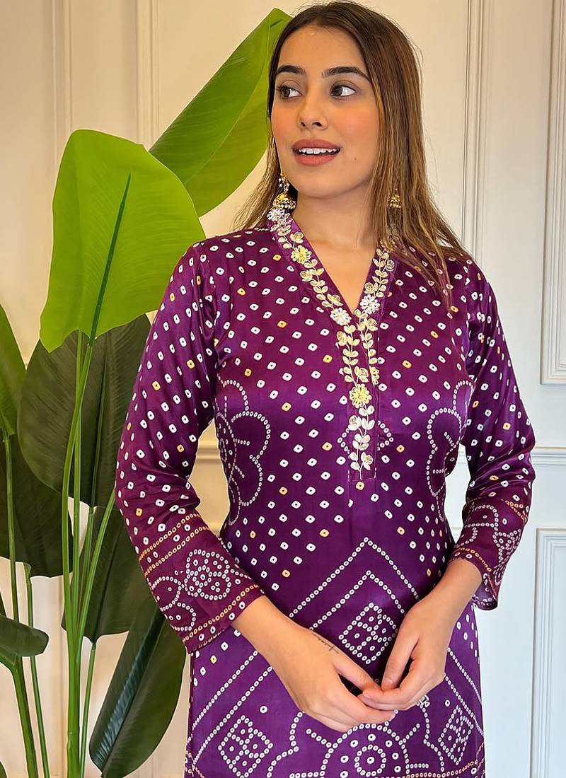 Women bandhani printed regular thread work kurta with trousers & with dupatta