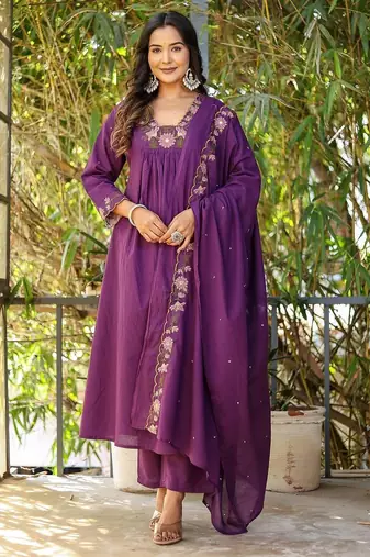 Women floral embroidered tiered thread work kurta with palazzos & with dupatta