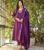 Women floral embroidered tiered thread work kurta with palazzos & with dupatta