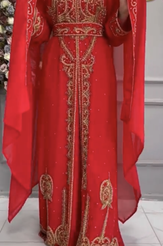 Red Moroccan Kaftan with Heavy Golden Hand Embroidery & Matching Cape
