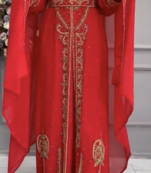 Red Moroccan Kaftan with Heavy Golden Hand Embroidery & Matching Cape