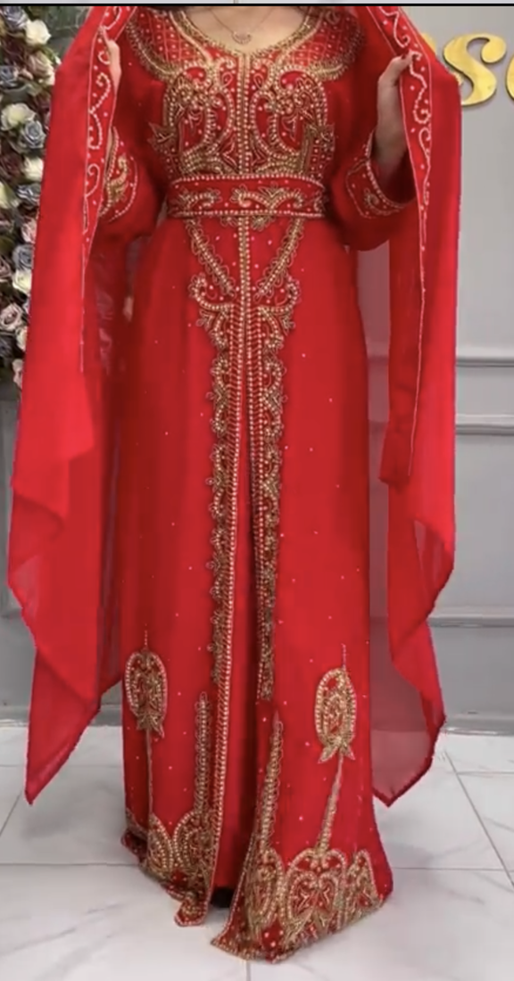 Red Moroccan Kaftan with Heavy Golden Hand Embroidery & Matching Cape