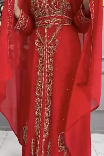 Red Moroccan Kaftan with Heavy Golden Hand Embroidery & Matching Cape