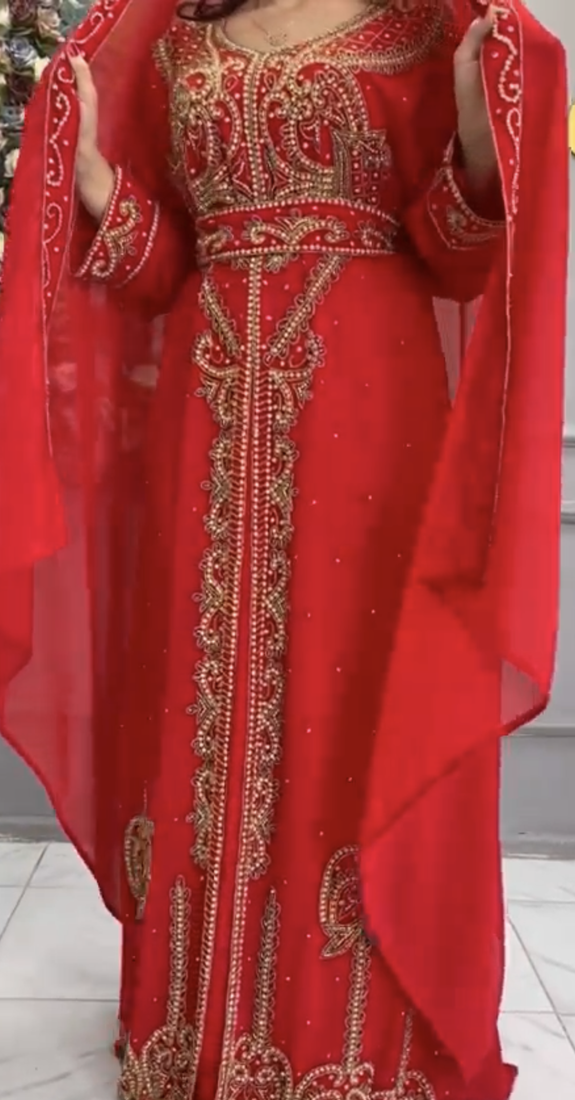 Red Moroccan Kaftan with Heavy Golden Hand Embroidery & Matching Cape