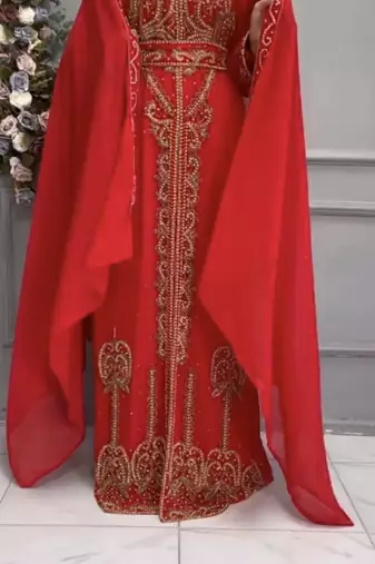 Red Moroccan Kaftan with Heavy Golden Hand Embroidery & Matching Cape