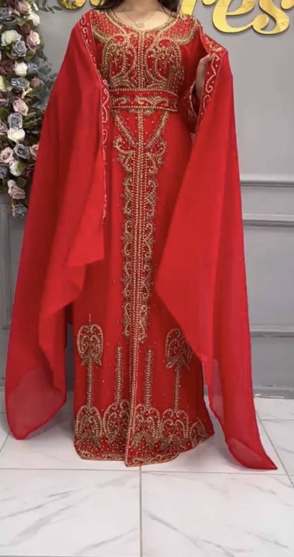Red Moroccan Kaftan with Heavy Golden Hand Embroidery & Matching Cape