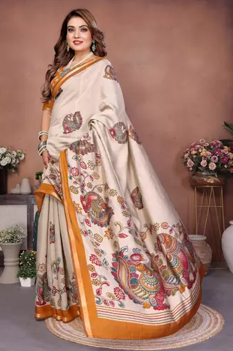 Mustard Color Kalamkari Print Cotton Saree 
