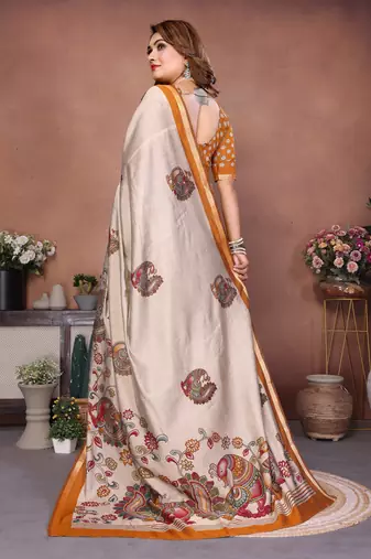 Mustard Color Kalamkari Print Cotton Saree 