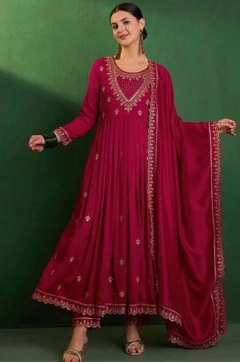 Women ethnic motifs embroidered panelled thread work kurta with trousers & with dupatta