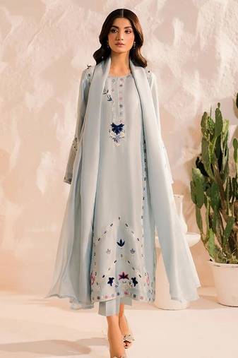 Women floral embroidered panelled mirror work kurta with trousers & with dupatta