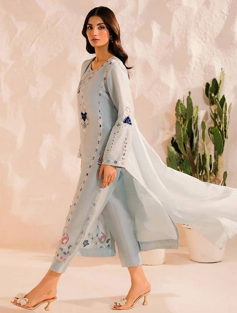 Women floral embroidered panelled mirror work kurta with trousers & with dupatta