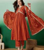 Women ethnic motifs embroidered empire thread work kurta with trousers & with dupatta