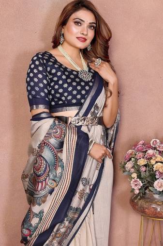Navy Blue Color Kalamkari Print Cotton Saree 