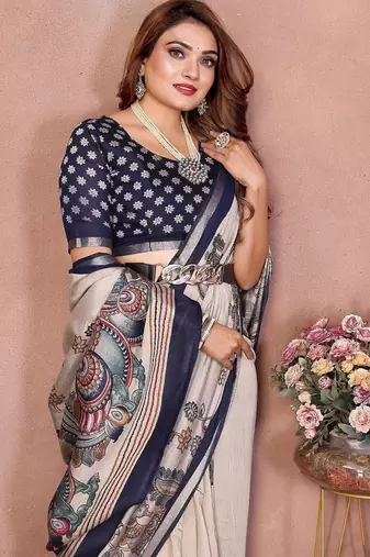 Navy Blue Color Kalamkari Print Cotton Saree 