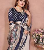 Navy Blue Color Kalamkari Print Cotton Saree 