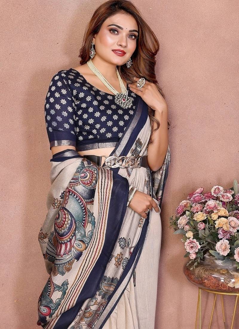 Navy Blue Color Kalamkari Print Cotton Saree 