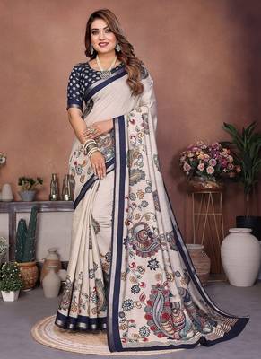 Navy Blue Color Kalamkari Print Cotton Saree  2