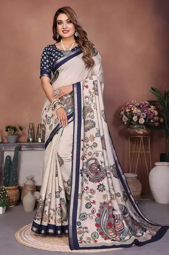 Navy Blue Color Kalamkari Print Cotton Saree 