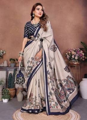 Navy Blue Color Kalamkari Print Cotton Saree  3