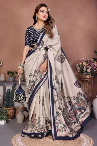 Navy Blue Color Kalamkari Print Cotton Saree 