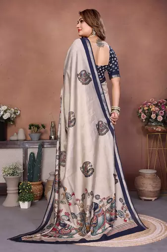 Navy Blue Color Kalamkari Print Cotton Saree 