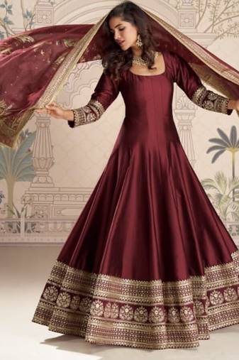Maroon heavy silk anarkali Suit - Full stitched free size