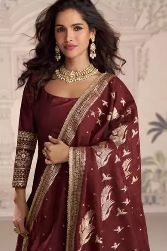 maroon heavy silk anarkali gown-Full Stitched Free size