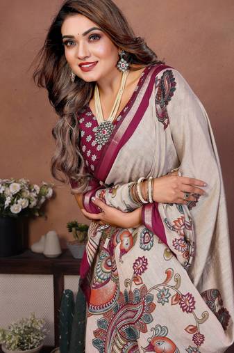 Plum Color Kalamkari Print Cotton Saree 