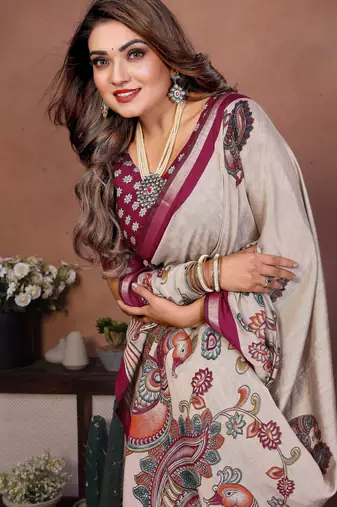 Plum Color Kalamkari Print Cotton Saree 