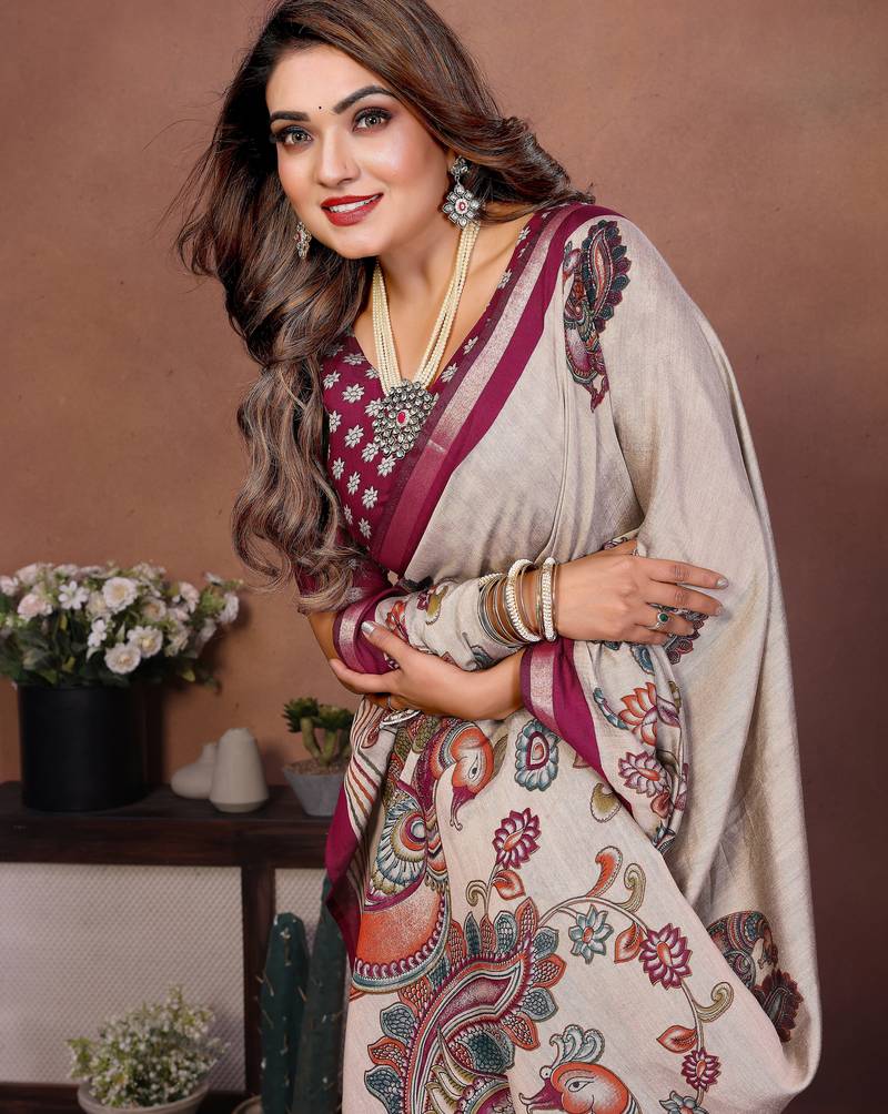 Plum Color Kalamkari Print Cotton Saree 