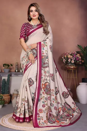 Plum Color Kalamkari Print Cotton Saree 