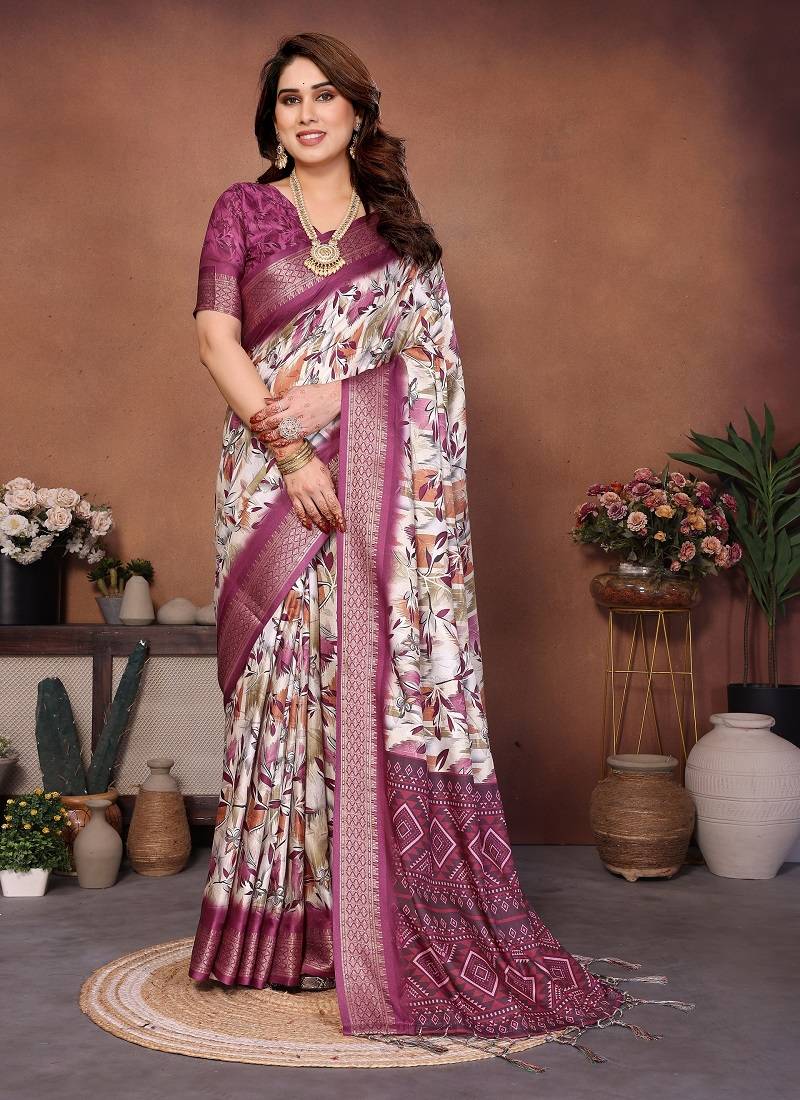Plum Color Kalamkari Print Cotton Saree 