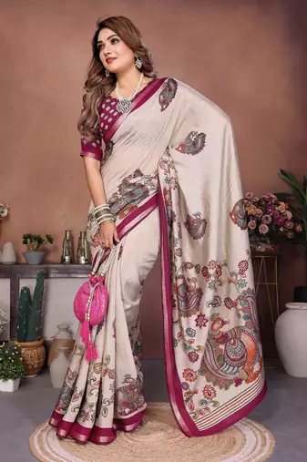 Plum Color Kalamkari Print Cotton Saree 