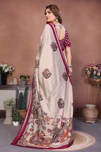 Plum Color Kalamkari Print Cotton Saree 