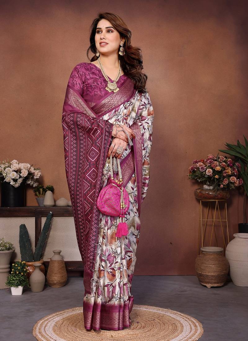 Plum Color Kalamkari Print Cotton Saree 