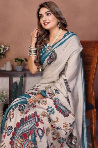 Dark Sea Green Color Kalamkari Print Cotton Saree 