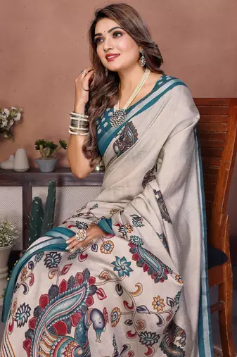 Dark Sea Green Color Kalamkari Print Cotton Saree 