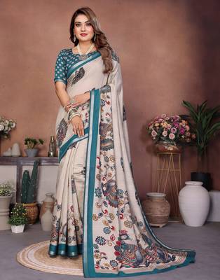 Dark Sea Green Color Kalamkari Print Cotton Saree  2