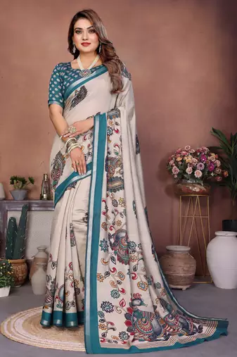 Dark Sea Green Color Kalamkari Print Cotton Saree 