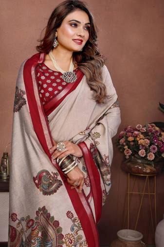 Red Color Kalamkari Print Cotton Saree 